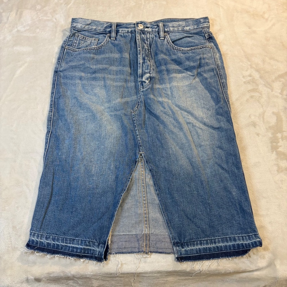 Free People We The Free Denim Midi Skirt Medium Wash Front Slit Raw Hem Size 31